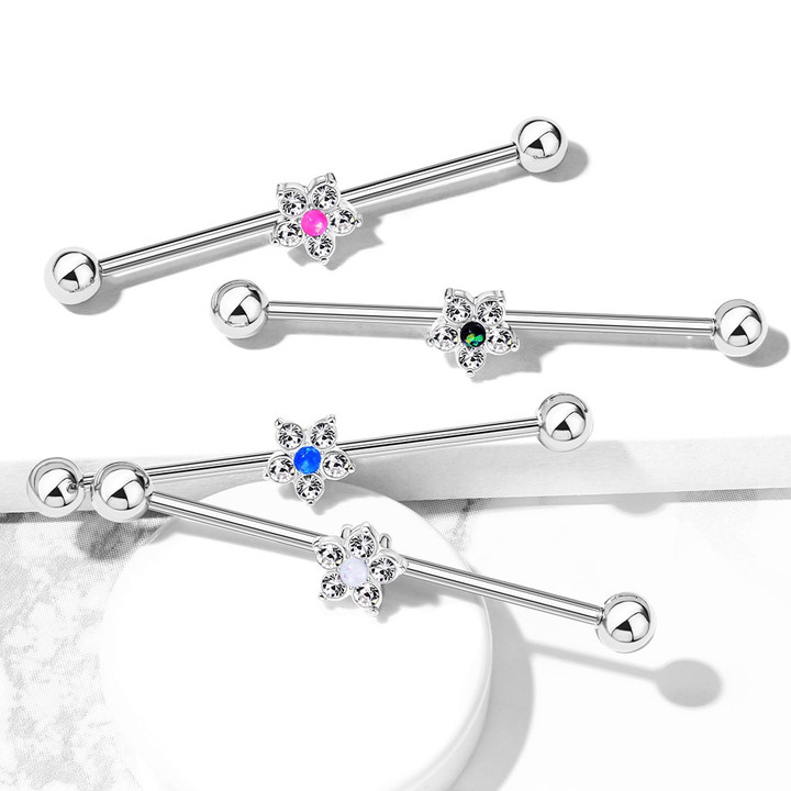 5 CZ Flower Dazzle Steel Industrial Bar 14G 1 & 1/2"  5 CZ Flower Dazzle Steel Industrial Bar 14G 1 & 1/2"