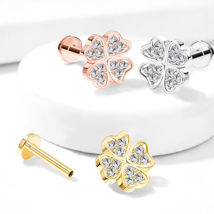 Four Leaf Heart Clover Steel Labret Monroe Bar 16G