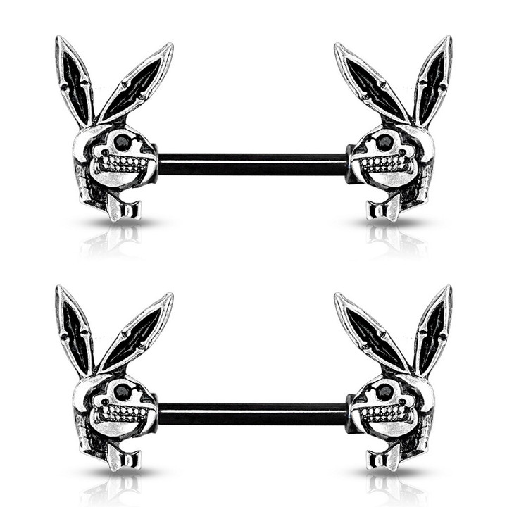 PAIR - Playboy Bunny Skull End Nipple Ring Barbells