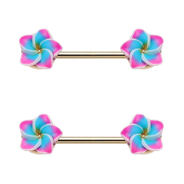PAIR - Plumeria Flower Steel Nipple Ring Barbells PAIR - Plumeria Flower Steel Nipple Ring Barbells