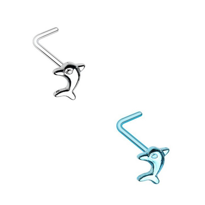 2-Pack Set Leaping Dolphin L-Shaped Nose Rings