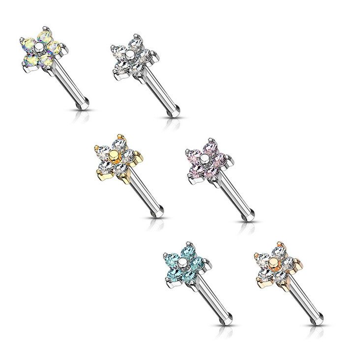 6PC Value Pack Five-CZ Flower Top Steel Nose Rings 