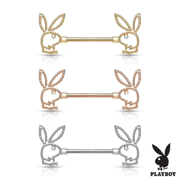 PAIR - Beaded Edge Playboy Bunny Nipple Ring Barbells