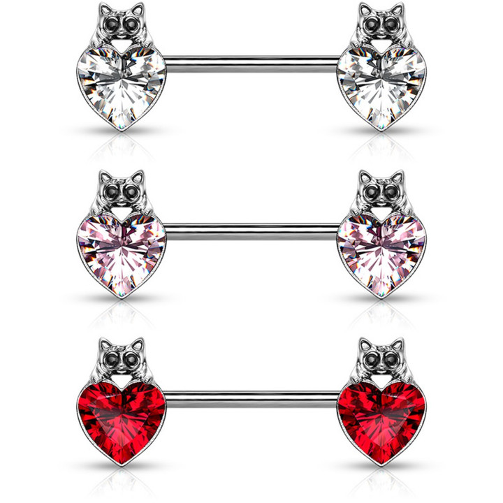 PAIR - Cat & Heart Steel Nipple Ring Barbells