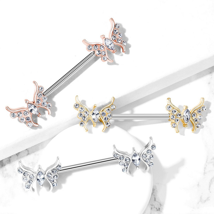 PAIR - Jeweled Butterfly Steel Nipple Ring Barbells  PAIR - Jeweled Butterfly Steel Nipple Ring Barbells