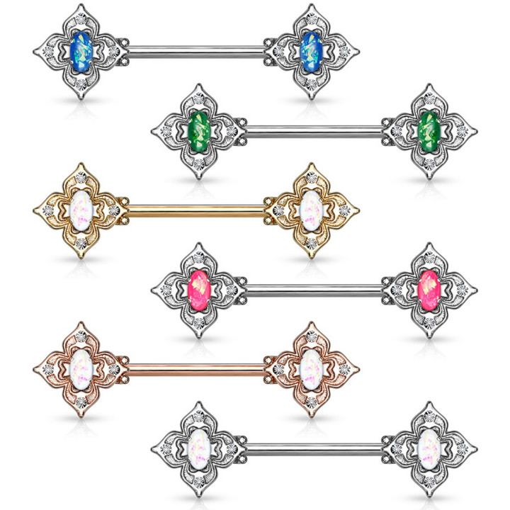 PAIR - Floral Filigree Steel Nipple Ring Barbells PAIR - Floral Filigree Steel Nipple Ring Barbells
