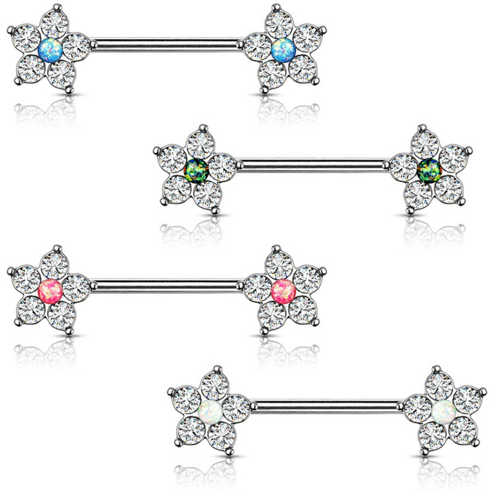 PAIR - 5-CZ Sparkle Flower Steel Nipple Ring Barbells PAIR - 5-CZ Sparkle Flower Steel Nipple Ring Barbells