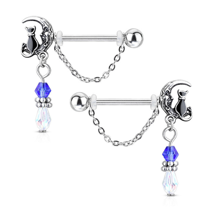 PAIR - Cat on the Moon Chain Dangle Nipple Rings PAIR - Cat on the Moon Chain Dangle Nipple Rings