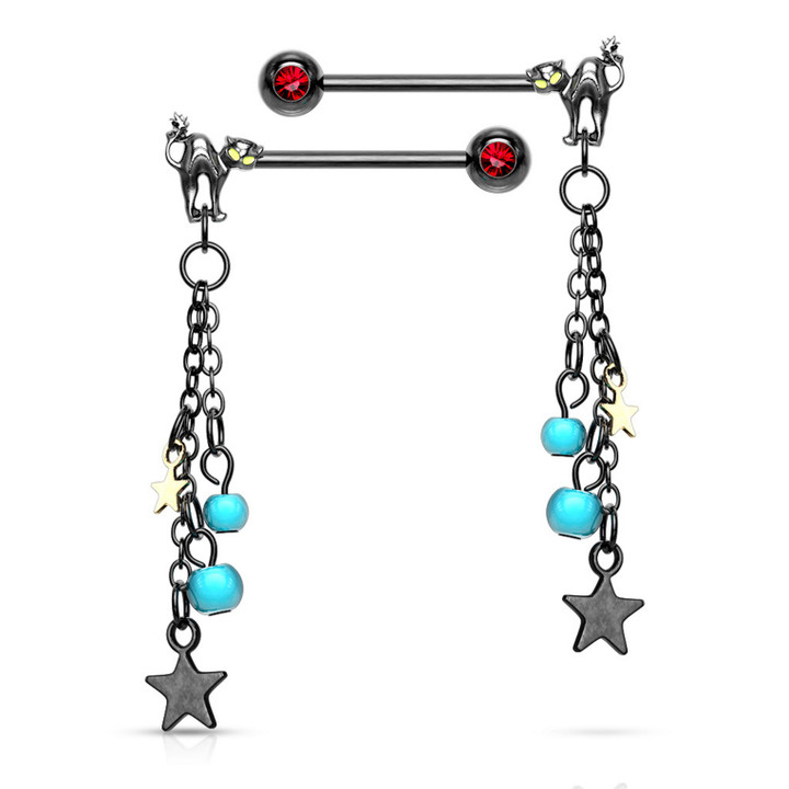 PAIR - Cat & Star Chain Dangle Nipple Ring Barbells PAIR - Cat & Star Chain Dangle Nipple Ring Barbells