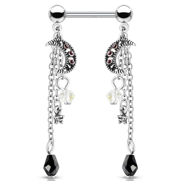 PAIR - Moon Star & Chains Dangle Nipple Ring Barbells PAIR - Moon Star & Chains Dangle Nipple Ring Barbells