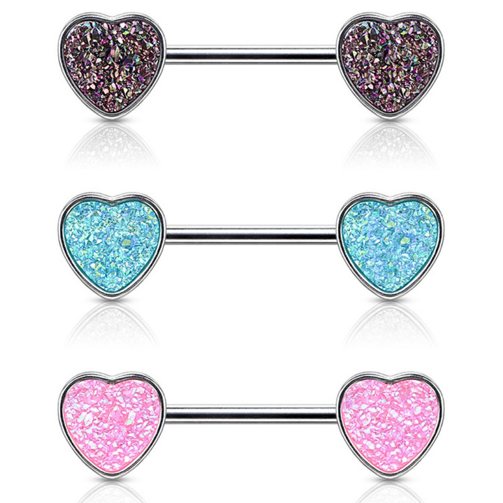 PAIR - Faux Druzy Stone Heart Steel Nipple Rings PAIR - Faux Druzy Stone Heart Steel Nipple Rings