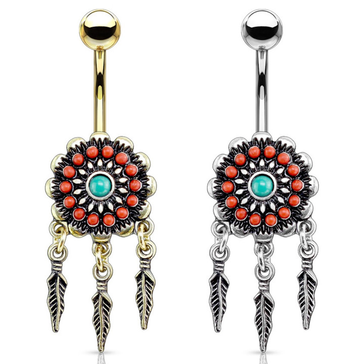 Tribal Flower Triple Feather Dangle Steel Belly Ring