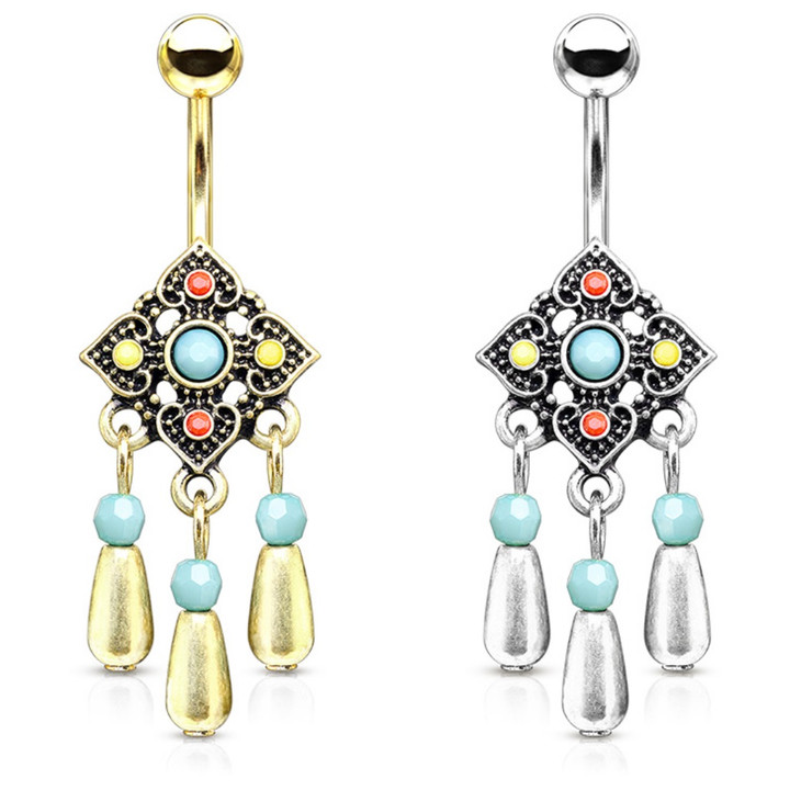 Square Tribal Flower Beads Dangle Steel Belly Ring Square Tribal Flower Beads Dangle Steel Belly Ring