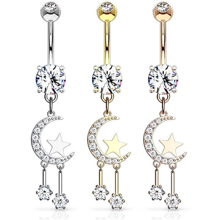 Moon, Star & Double CZ Dangle Steel Belly Ring