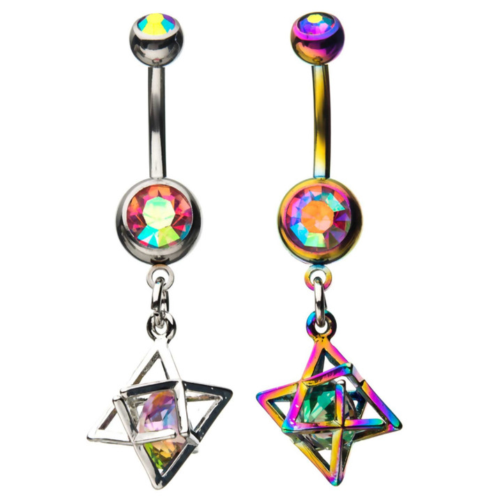 Caged Rainbow Gem Accent Dangle Belly Ring Caged Rainbow Gem Accent Dangle Belly Ring