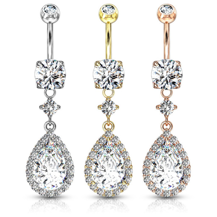Super Jeweled Teardrop CZ Dangle Steel Belly Ring Super Jeweled Teardrop CZ Dangle Steel Belly Ring