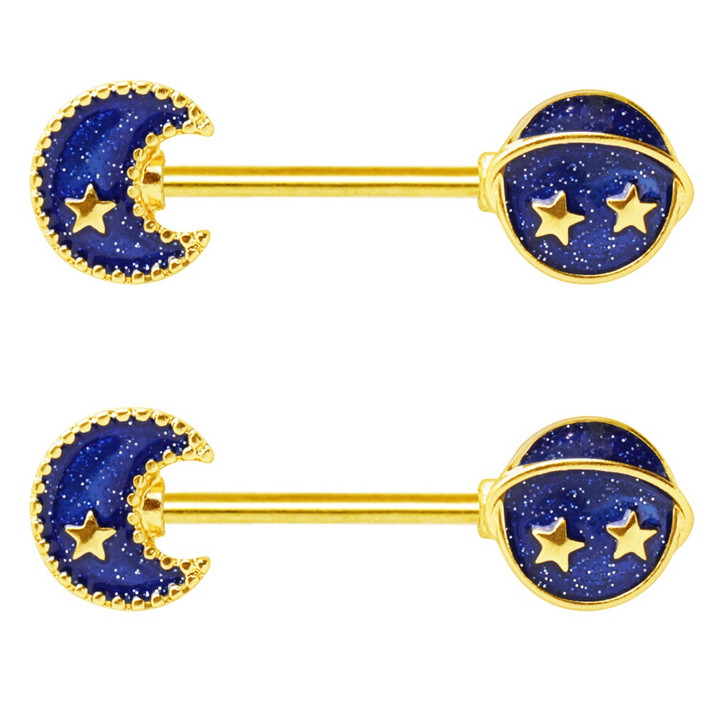PAIR - Starry Moon & Galaxy Steel Nipple Ring Barbells PAIR - Starry Moon & Galaxy Steel Nipple Ring Barbells
