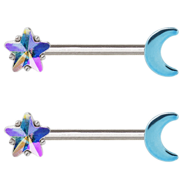 PAIR - Aurora Star Blue Moon Steel Nipple Rings