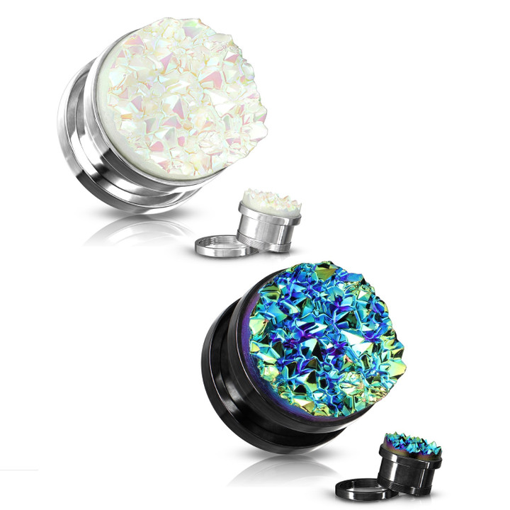 2 Pair Druzy Stone Steel Screw Fit Plugs (2g-5/8")