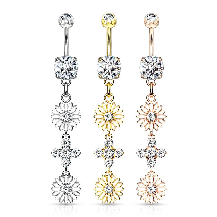 Double Flower Dangle Steel Belly Ring