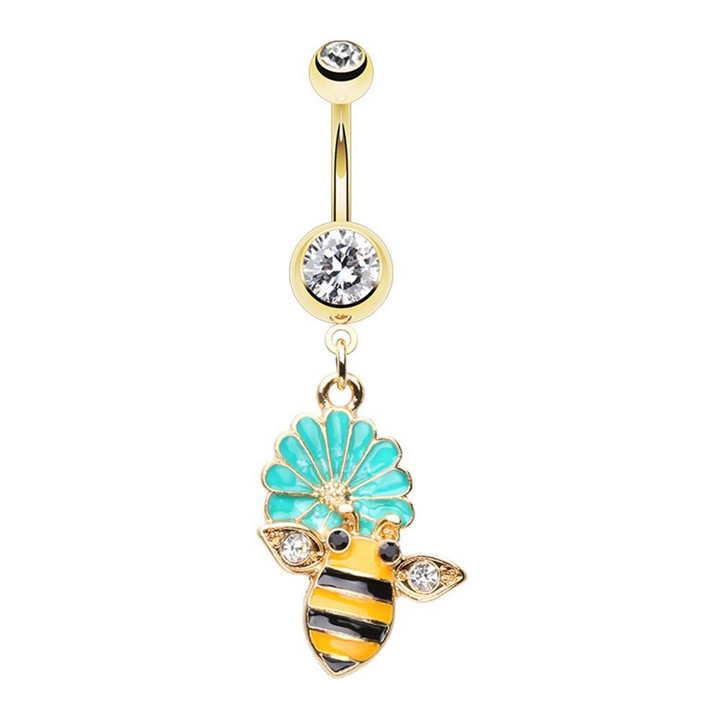 Bee & Teal Flower Dangle Goldtone Belly Ring Bee & Teal Flower Dangle Goldtone Belly Ring