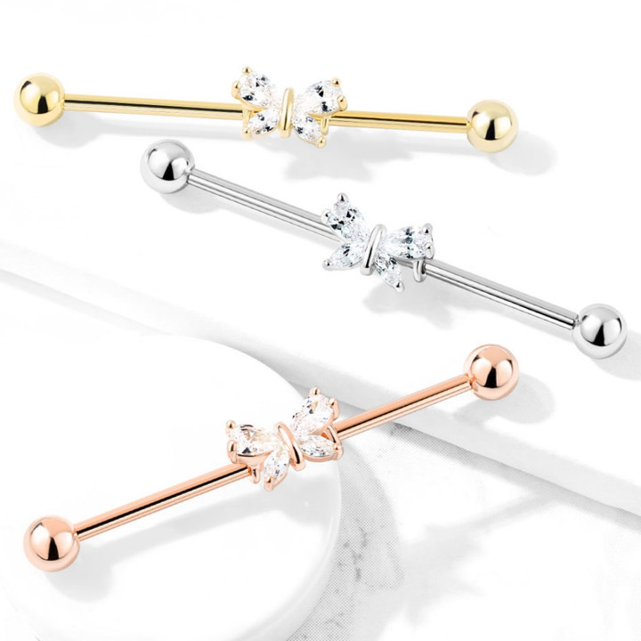CZ Jeweled Butterfly Steel Industrial Bar 14G-38mm