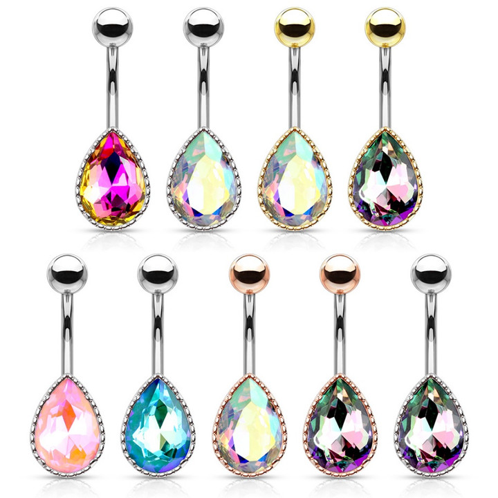 AB Effect Teardrop Crystal Steel Belly Ring