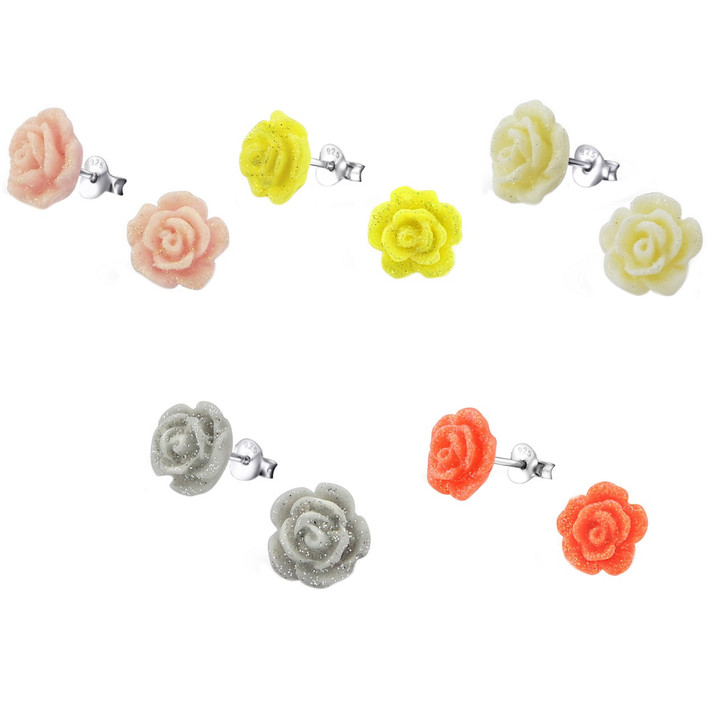 10mm Glitter Rose 925 Sterling Silver Stud Earrings
