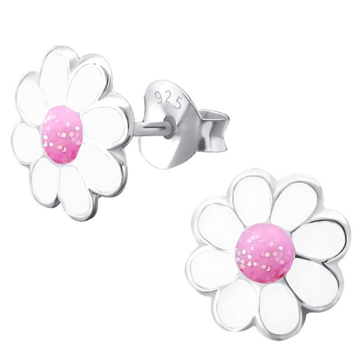 White/Pink Daisy 925 Sterling Silver Stud Earrings