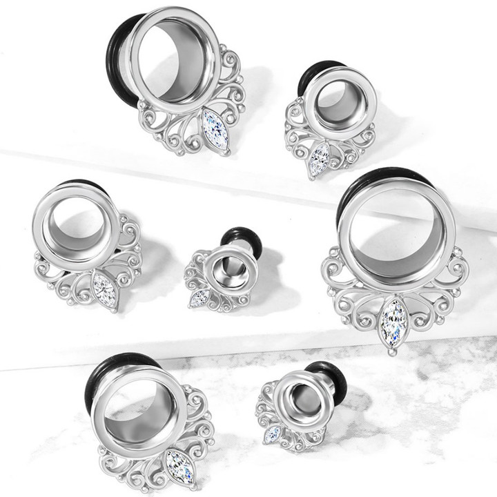 Crystal Teardrop Filigree Steel Tunnels (4g-5/8")