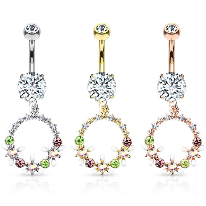 Floral Circle Dangle Steel Belly Ring