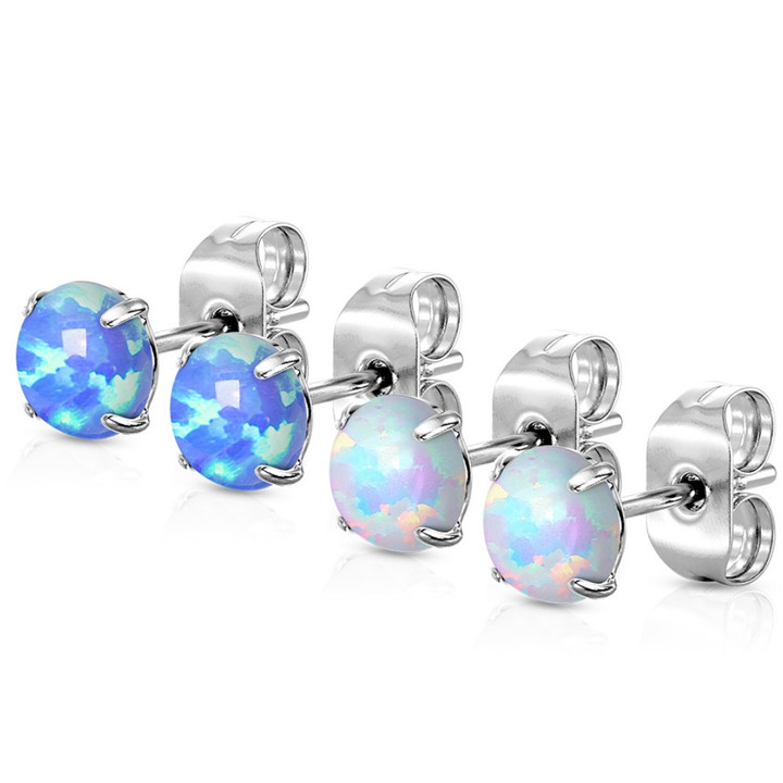 2 Pair Prong Set Synthetic Opal Steel Stud Earrings 