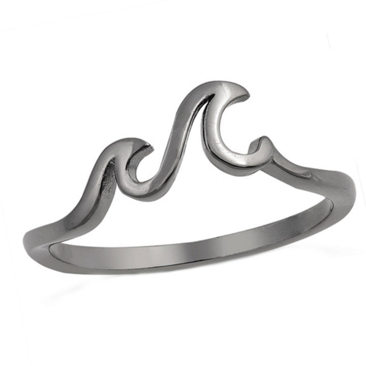 Double Wave Design Black 925 Sterling Silver Ring