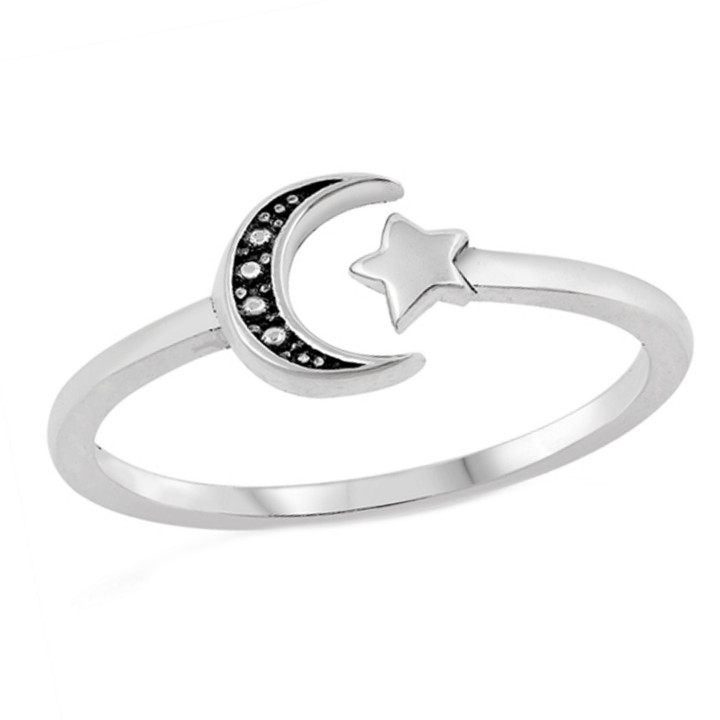 Oxidized Crescent Moon & Star 925 Sterling Silver Ring Oxidized Crescent Moon & Star 925 Sterling Silver Ring