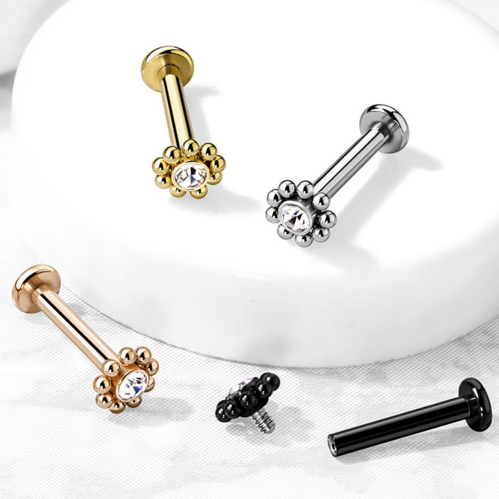 Crystal Center Beaded Steel Labret Monroe Stud 16G Crystal Center Beaded Steel Labret Monroe Stud 16G