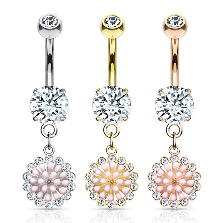 Pink Enamel Cluster Flower Dangle Steel Belly Ring Pink Enamel Cluster Flower Dangle Steel Belly Ring