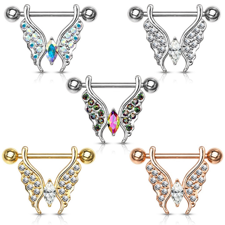 PAIR - Crystal Paved Butterfly Steel Nipple Rings PAIR - Crystal Paved Butterfly Steel Nipple Rings