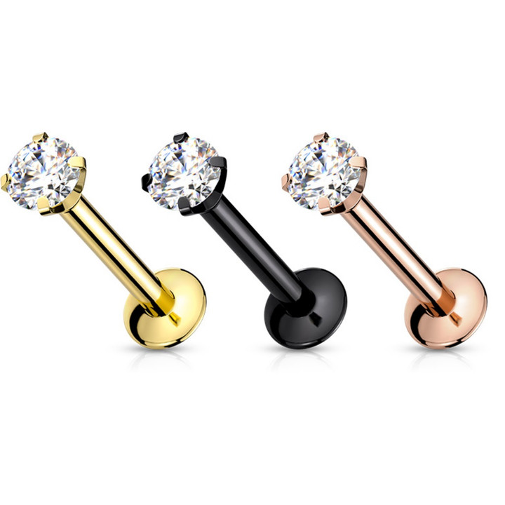 20G-16G Prong CZ Push Top Steel Labret Monroe Stud 20G-16G Prong CZ Push Top Steel Labret Monroe Stud