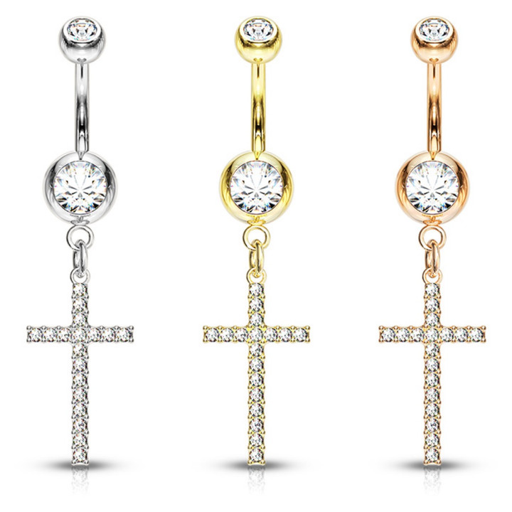 Micro Crystal Cross Dangle Steel Belly Ring