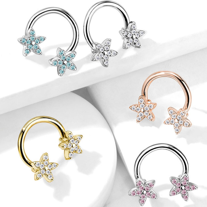 Jeweled Flowers Steel Horseshoe Ring 16G Jeweled Flowers Steel Horseshoe Ring 16G