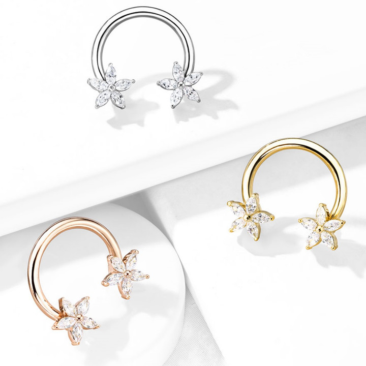 Flower CZ Petals Steel Horseshoe Ring 14G Flower CZ Petals Steel Horseshoe Ring 14G