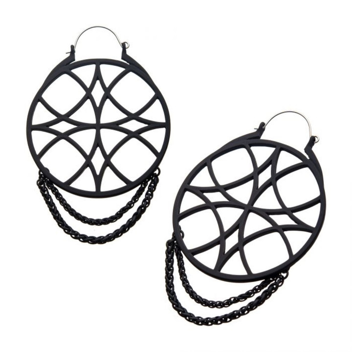 Matte Black Web & Chains Dangle Steel Plug Hoops
