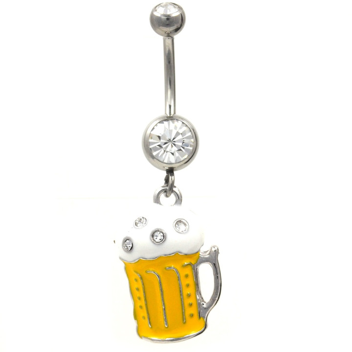 Mug of Beer Clear Gems Dangle Belly Ring
