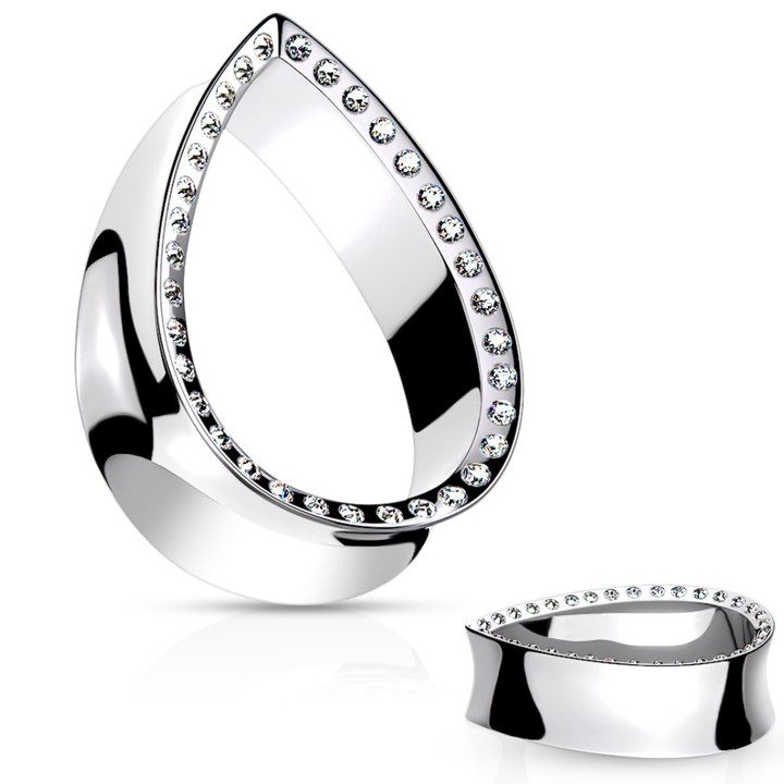 Crystal Paved Silvertone Teardrop Tunnels (0g-1")