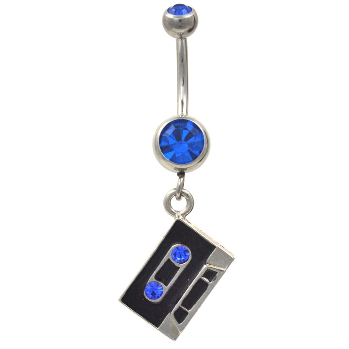 Blue Old School Cassette Tape Dangle Belly Ring Blue Old School Cassette Tape Dangle Belly Ring