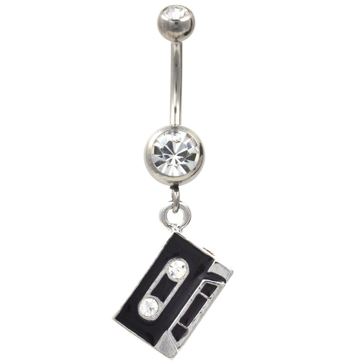 Clear Old School Cassette Tape Dangle Belly Ring