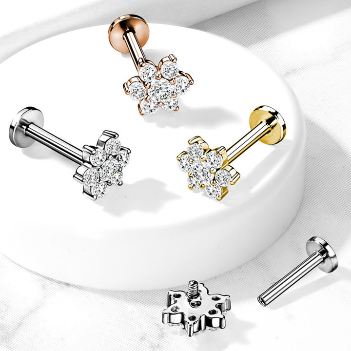 Clear CZ Paved Flower Steel Labret Monroe Stud 16G Clear CZ Paved Flower Steel Labret Monroe Stud 16G
