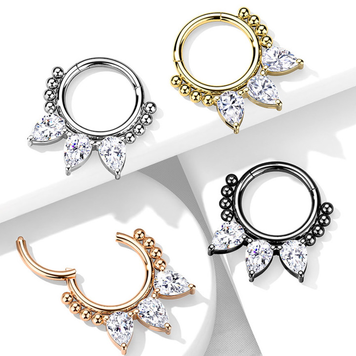 Triple Pear CZ Hinged Segment Ring Hoop 16G