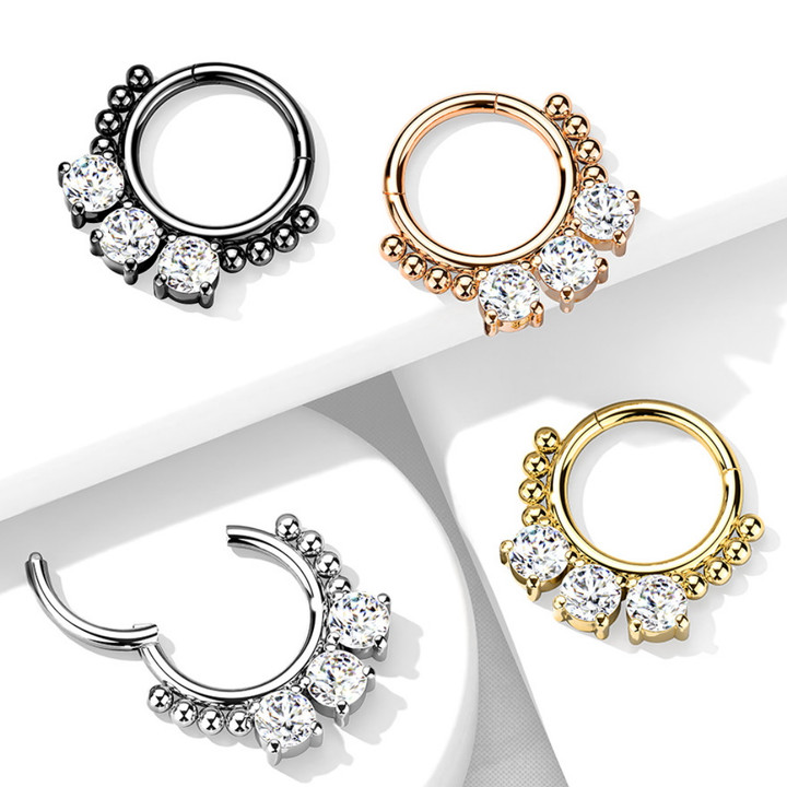 Triple Round CZ Hinged Segment Ring Hoop 16G Triple Round CZ Hinged Segment Ring Hoop 16G