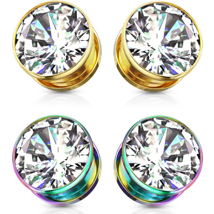 2 Pair CZ Center Rainbow & Gold Steel Tunnels (8g-5/8") 2 Pair CZ Center Rainbow & Gold Steel Tunnels (8g-5/8")